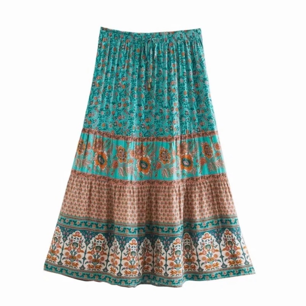 SOLD OUT Turquoise Bohemian Floral Long Casual Skirt - Picture 5 of 6